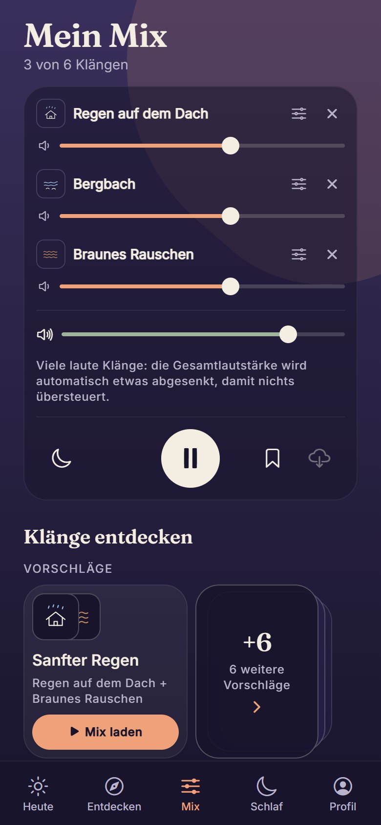 Klangmixer: Bis zu sechs Klänge, jeder mit eigener Lautstärke.