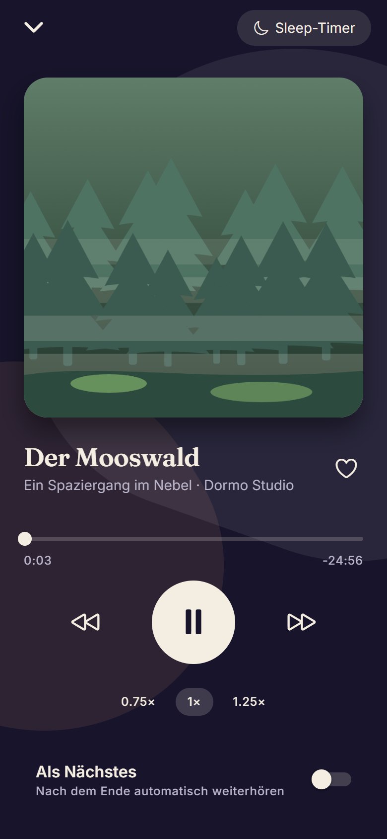 Player: Großes Cover, Sleep-Timer und auf Wunsch die nächste Geschichte.